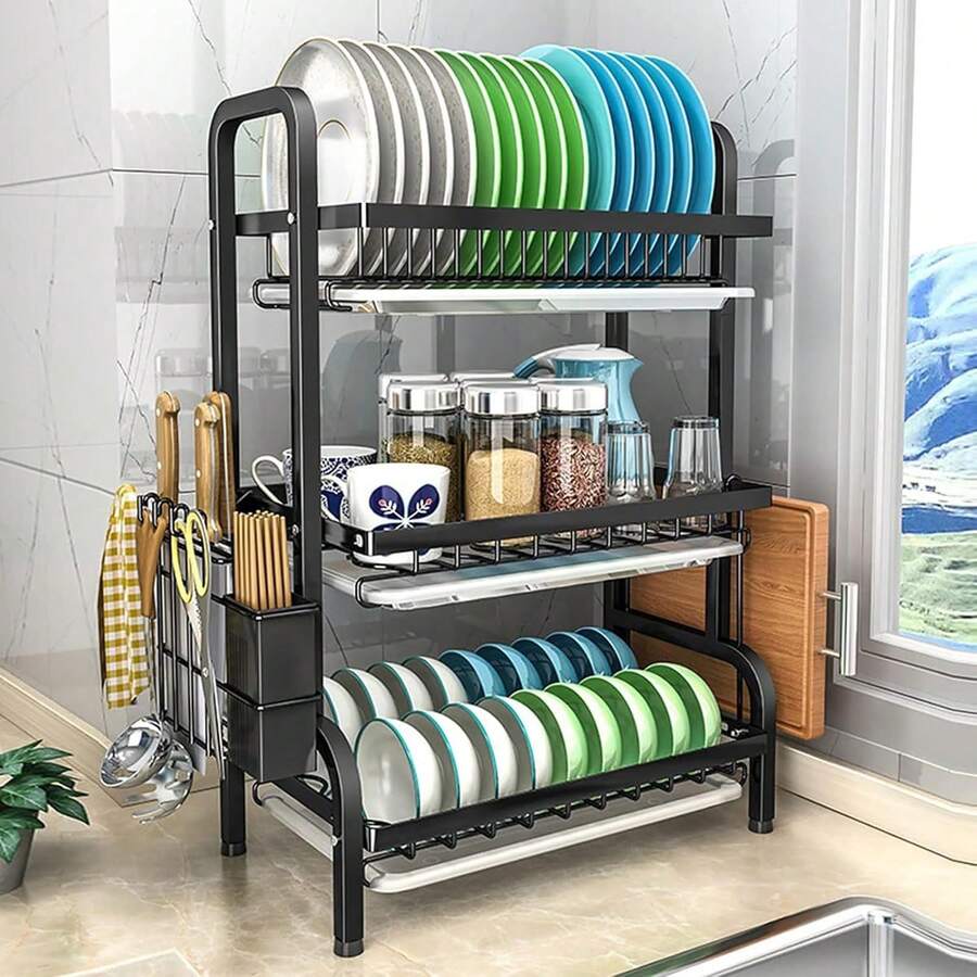 Stainless Steel Dish Drainer Over Sink, 3 Tier Dish Drying Rack For Kitchen Countertop, Utensil And Cutting Board Holder, Glass Rack, Suitable For Kitchen - Black - View 1