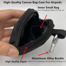 1pc Zipper Canvas Case For Airpods, Multi-Functional Storage Bag, With Buckle Easy Carry, With Innser Small Bag Storage Charging Cable Eartips Etc,