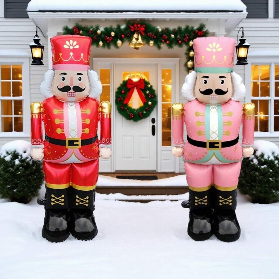 1pc Christmas Inflatable Nutcracker Aluminum Foil Balloon, Standing-Type Outdoor Christmas Door Decoration, Suitable For Christmas Party Decorations, Themed Events, Nutcracker Standing Guard Style In Red And Pink Color Scheme, Holiday Prop - Multicolor - View 1