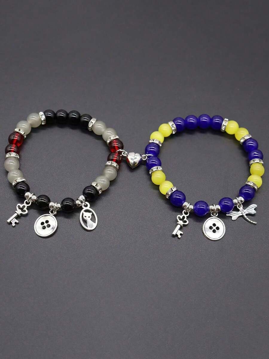 2 件情人节个性化时尚串珠磁性按扣钥匙扣猫天然石多色手链套装，适合女士、闺蜜、情侣、日常佩戴、生日礼物、友谊手链、情侣手链