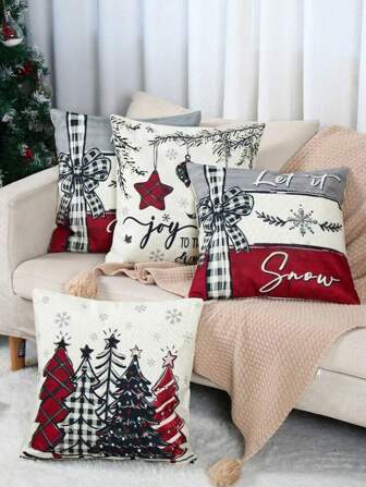 4pcs Christmas Decorative Pillowcase Linen Square Cushion Cover 45*45cm, Retro Red Christmas Tree Style Soft Pillow Cover For Christmas Party Home Room Sofa Chair Decorations Xmas Ornament, Christmas Cushion Cover, Christmas Sofa Decoration Christmas Pillowcase, Christmas Room Decoration, Christmas Gift, 2026 New Year Decoration, Pillow Core Not Included Pillow Case Pillow Cases Cushion Covers