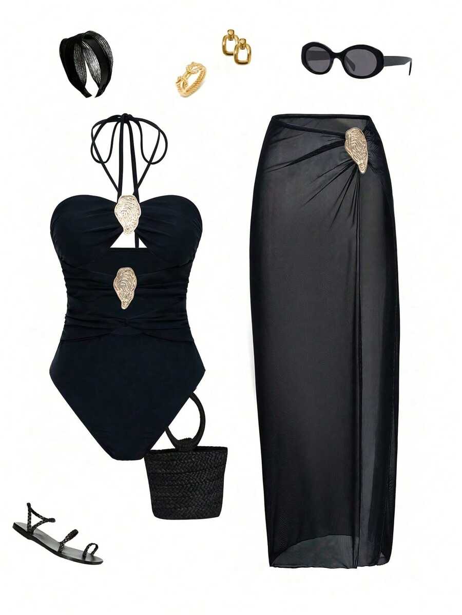 HKGFF-2025 New Black Solid Color Sunsuit Suit Set, Spring And Summer Hanging Neck Metal Two-Piece Set, Sun Protection Function Indoor And Outdoor Swimwear