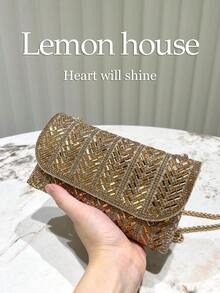 1pc Metallic Gold Glitter Rhinestone Decorated Small Clutch Bag, Envelope Style Crossbody Chain, Fashion Elegant Handbag For Evening Formal Events, Weddings, Parties, Suitable As Gift For Women, Tready Party Bags,Perfect For Party, Wedding, Prom, Dinner/Banquet, Essential Wedding Items,Perfectly Matching With Graduation Dress, Prom Dresses, Perfectly Matching With Prom Dresses For Women, Prom Accessories,Sequin Dress Women,Sparkly Dress,Elegant Dresses For Women, Elegant Prom Bag