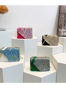 New For Summer 2025! Textured Colorblocked Small Square Bag - Four Colors Available, Fashionable And Unique Street Style! PU Bag, One Shoulder/Crossbody, Flap Design, Personalized Aesthetic Bag: Colorblocking Design, Perfect Interpretation Of Summer Street St - Blue - View 5