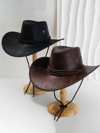 1 件开学季男女款复古风格纯色 PU 皮革帽子，西部牛仔帽，带防风绳，适合日常户外穿着和西部牛仔派对音乐节