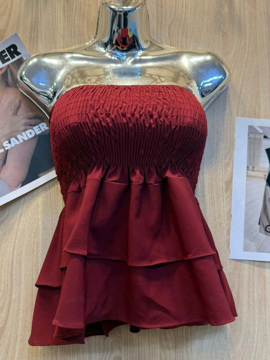 Cropped Elastic Ruffle Women's Fashion - 酒紅色 - 查看 1