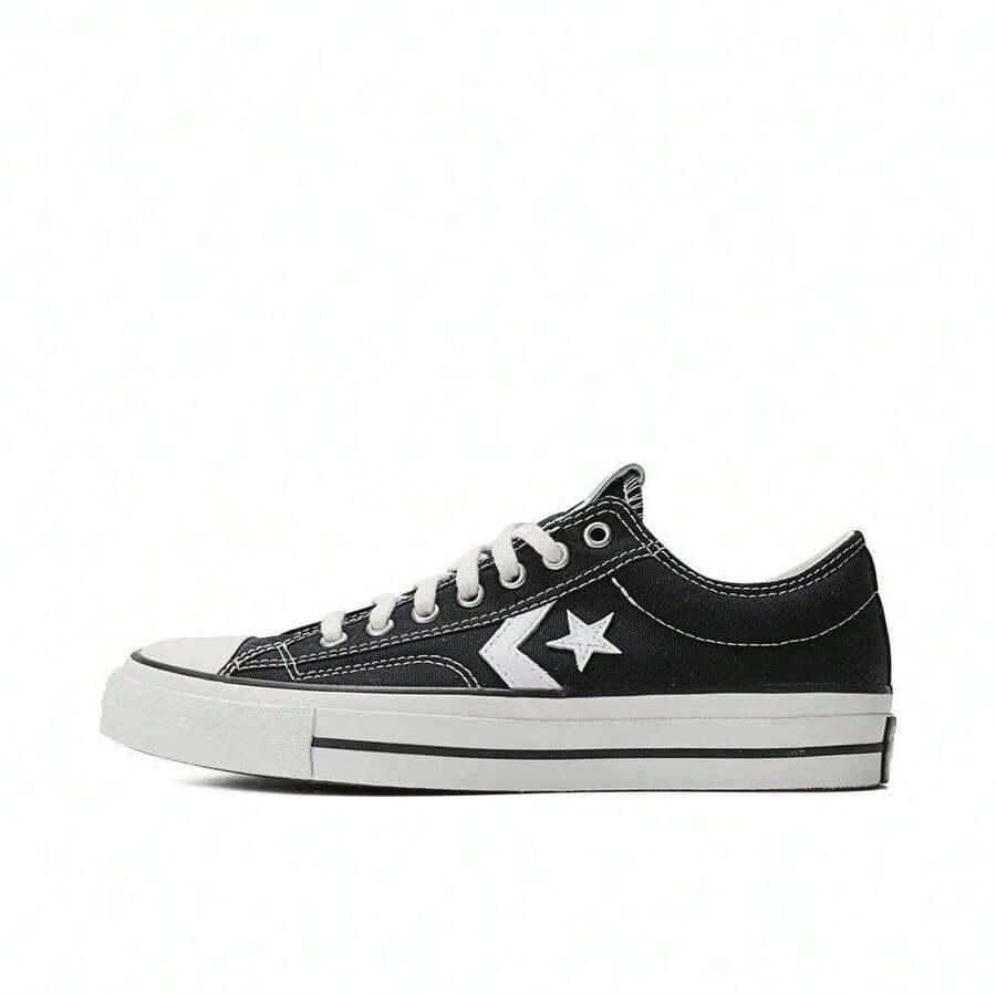 Converse Giày thể thao cổ thấp Star Player 76, chất liệu cotton canvas, da, họa tiết ngôi sao và hình chữ V, lưỡi giày có đệm, đệm OrthoLite, tông màu trung tính tự nhiên, phong cách thường ngày, mã sản phẩm A01607C. - đen - Xem 1
