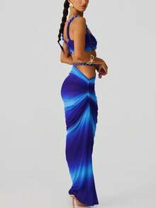 女士性感露背吊带背心和百褶长裙套装，夏季度假装 - 藍色 - 查看 2