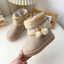 Girls' Soft Sole Anti-Slip Snow Boots, Thermal Lined Warm Short Boots, Thick Toddler Fashion Furball Mid-Calf Boots
