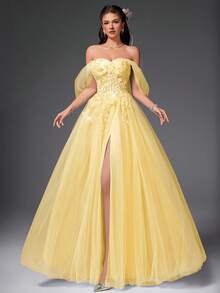 VIPGIRL Váy dạ hội trễ vai bằng vải tuyn màu vàng có đính vải, váy dạ hội chữ A hở vai, váy dạ hội công chúa cho nữ, tiệc tốt nghiệp, tiệc dạ hội, khách dự tiệc cưới - Màu vàng - Xem 7