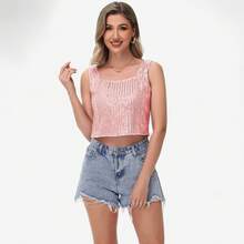 Women's Sequin Square Neck Tank Top With Sleeveless Design And Cropped Fit - Multicolored - Pink - View 6