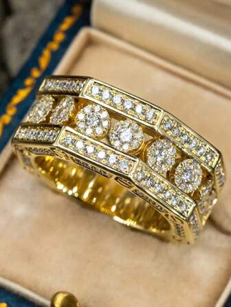 1 pièce Bague de luxe pour femme avec design octogonal, entièrement ornée de zirconium, couleur or. Bague de mariage et de fiançailles, nouveaux accessoires de bijouterie