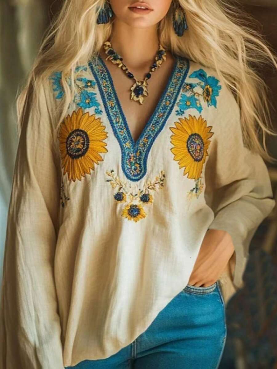 Plus Size Women's Fashion V-Neck Floral Print Casual Loose Long Sleeve T-Shirt - Apricot - View 1