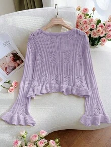 Women's Spring Summer Knit Drawstring Cardigan - Flared Sleeves Ruffled Fringe For Date Vacation ,Saint Patrick's Day, Easter - Purple - View 3