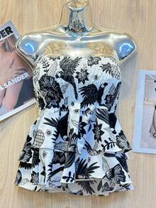 Printed Cropped Blouse With Elastic Ruffle - Black - View 1