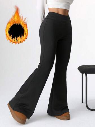 女士休闲弹力喇叭裤，高腰阔腿裤，修身版型，加厚保暖内衬，适合户外运动，秋冬季穿着