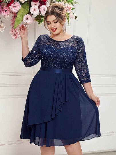 Plus Glitter Sequin Floral Lace 3/4 Sleeve Contrast Chiffon Ruffle Wrap Hem Elegant Prom Cocktail Party Swing Dress, Fall Dress, Wedding Guest Dress, For Birthday, Graduation, Date Night