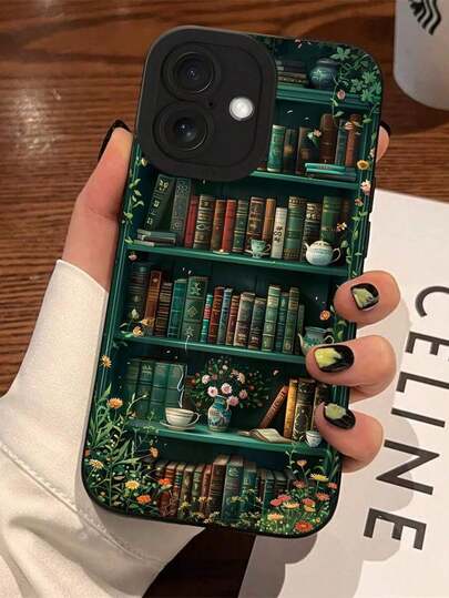 1pc Green Bookshelf, Books, Plants Black Hawk Eye Full Coverage Camera Hole Soft Case Compatible With Iphone 16 ProMax/16 Plus/16 Pro/16/11/11 Pro/11 ProMax/12/12 Pro/12 Mini/12 ProMax/13/13 Pro/13 ProMax/13 Mini/14/14 Plus/14 Pro/14 ProMax/15/15 Plus/15 Pro/15 ProMax/7/8 Plus/XR/XS Max/X