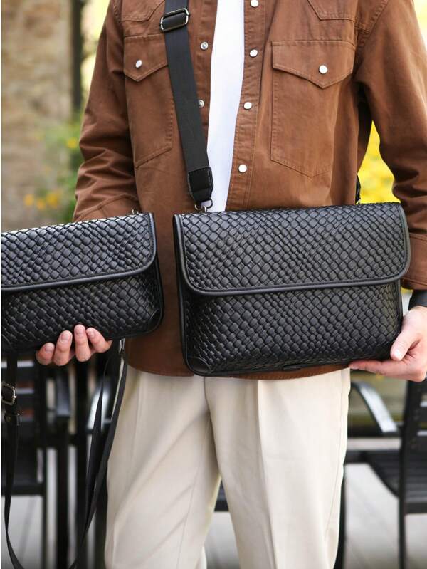 1pc Men's Briefcase Small Square Bag, Men's Business Commute Casual Shoulder Messenger Bag, Large Capacity Crossbody Bag, Fashion Matching Black Simple Office Wear, Imitation Woven Waterproof Durable Laptop Messenger Bag For Outdoor