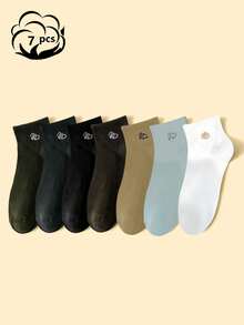 7 pares Calcetines tobilleros de malla transpirable con bordado surtido para hombres, calcetines deportivos con cintura ligera, calcetines de baloncesto de diseño sencillo - Multicolor - Ver 1