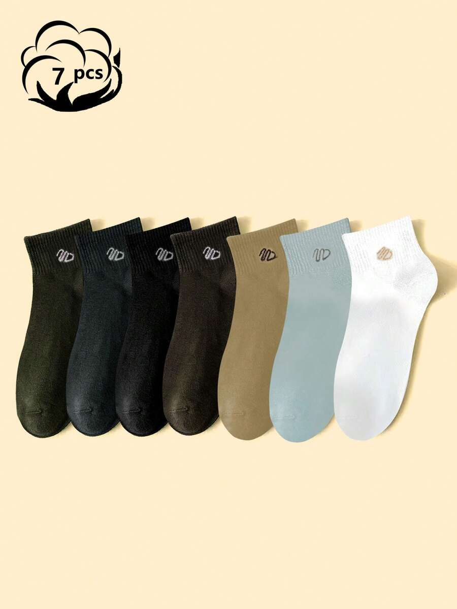 7 pares Calcetines tobilleros de malla transpirable con bordado surtido para hombres, calcetines deportivos con cintura ligera, calcetines de baloncesto de diseño sencillo - Multicolor - Ver 1