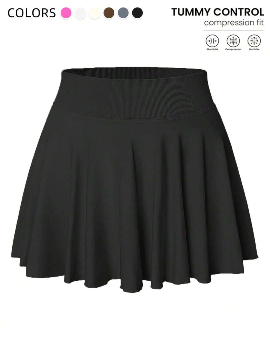 1 Piece Of Fashionable Women's Short Skirt, Seamless Shapewear Jumpsuit, Pocket Waist Anti Slip Skirt, Shopping Sports Quick Drying And Sweat Absorbing Quick Drying Skirt, High Elasticity Slim Fit Plain Color Versatile - màu đen - Xem 1