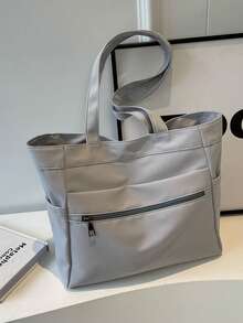 女士多口袋托特包，轻便可折叠单肩/腋下包，学生背包，办公公文包，大容量购物袋，适合购物、钱包、逛街、年轻女性、大学生、新手、白领。非常适合办公室、大学、工作、商务、通勤、户外活动、旅行和野餐 - 灰色 - 查看 7