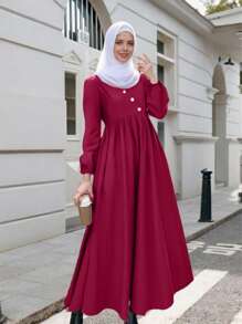 Women's Elegant Casual Solid Color Button Design Pleated Lantern Sleeve Long Dress, Casual Chic Cute Arabic Style Maxi Dress For Spring/Summer/Autumn/Winter