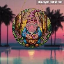 2D Flat, 1pc Easter Gnome Acrylic Suncatcher Wall Art Stained GlassStyle Decorative Plaque With Flowered Hat, Egg Basket & Whimsical Forest Scene, Pastel Hues & Polka Dots, 20.32cm X 20.32cm Home Office Decor, No Electricity Needed, Gnome Decor, Holiday Decoration, Polka Dot Accents, Artistic Craftsmanship, 2D Flat