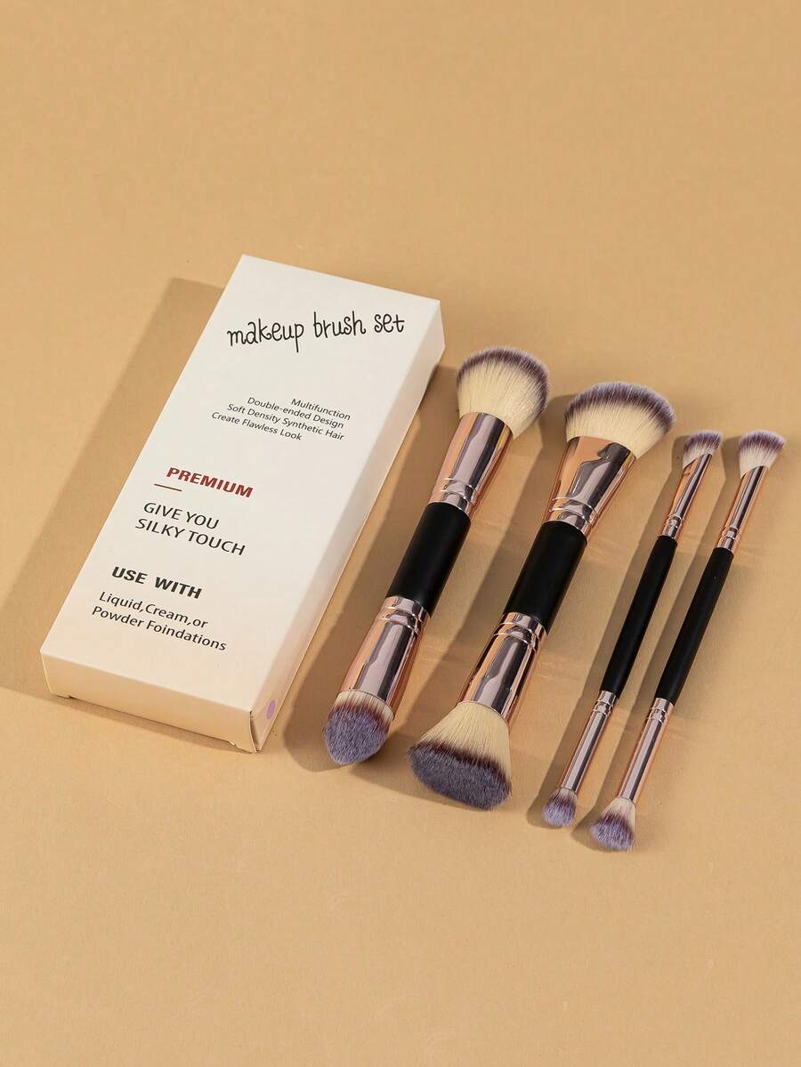 4件套专业双头化妆刷套装，包含斜角粉底刷、轮廓刷、腮红刷、散粉刷、眼影刷、遮瑕刷、高光刷和晕染刷，采用柔软纤维制成，便于携带，是送给女性朋友的理想礼物。 - 黑色 - 查看 1
