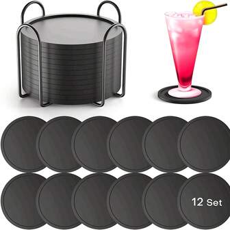 The 12-Piece Set Saves Space. Black Silicone Coasters With Storage Racks, Anti-Slip Beverage MATS, Desktop Protection And Home Decoration, Halloween And Christmas Party Supplies, Christmas Gifts, Christmas Decorations, Artificial Flowers For Weddings/Balls/Graduation Ceremonies, Home Christmas Decorations