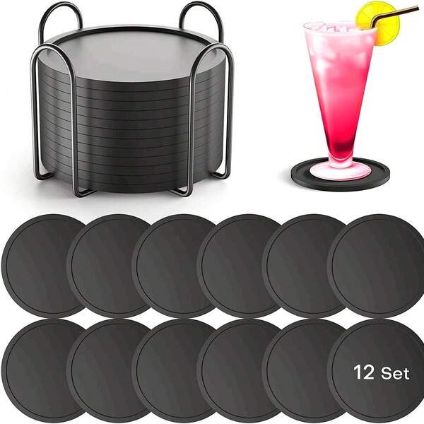 Le set de 12 pièces permet d'économiser de l'espace. Dessous de verre en silicone noir avec porte-verres, tapis anti-dérapants pour boissons, protection de bureau et décoration de la maison, fournitures pour fêtes d'Halloween et de Noël, cadeaux de Noël, décorations de Noël, fleurs artificielles pour mariages/bals/cérémonies de remise des diplômes, décorations de Noël pour la maison