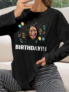 Pijama superior de manga larga de punto de poliéster con retrato de cumpleaños personalizado y gráfico divertido para mujeres, estilo casual, estiramiento medio, colección de otoño/invierno, ropa de hogar talla grande para adultos, cómoda