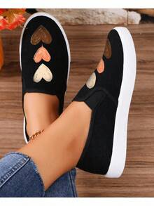 Tenis casuales para mujer, corazones dibujados, punta redonda, sin cordones, suela plana, estilo versátil para uso diario y salidas