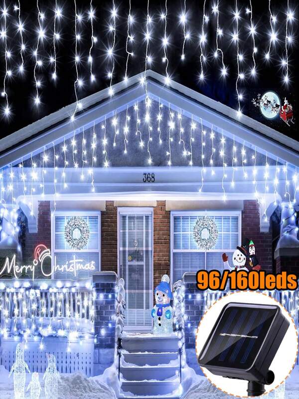 3.5M/7M LED Solar Icicle Lights String ,IP65 Waterproof Outdoor Garden Decorations, Curtain String Light Flashing 8 Modes ,97/160 LEDS Hanging Lights Indoor Room, Staircase Handrails, Walls, Windows Decor Fairy Lights For Patio, Fence, Christmas Tree, Wedding, Party, Home, Lawn And Holiday Decoration