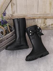 1 Pair Black Girls' Mid-Calf Boots, Comfortable Soft Solid Color PU Fabric, Side Pearl Mesh Bow Decor, Inner Zipper, Fabric Warm Lining, Round Toe Soft Sole, Fashionable Cute Princess Boots For 3-12 Years Old Girls, Suitable For Daily School, Festival, Outdoor Wear, Autumn/Winter New Style - Black - View 3