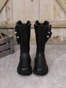 1 Pair Black Girls' Mid-Calf Boots, Comfortable Soft Solid Color PU Fabric, Side Pearl Mesh Bow Decor, Inner Zipper, Fabric Warm Lining, Round Toe Soft Sole, Fashionable Cute Princess Boots For 3-12 Years Old Girls, Suitable For Daily School, Festival, Outdoor Wear, Autumn/Winter New Style - Black - View 5