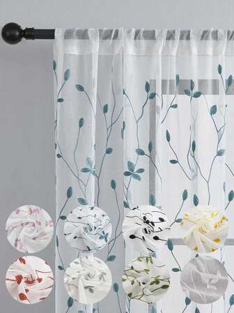 1pc Embroidered Sheer Curtains, Floral Leaf Pattern, Rod Pocket, UV Protection, Breathable, Transparent, Polyester, Rod Pocket, No Lining, For Living Room, Bedroom, Dining Room
