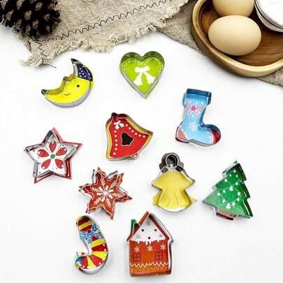 10pcs Christmas Cookie Cutters Set Stainless Steel Classic Xmas Tree Sock Bell Shapes For Holiday Baking Party Decorations
