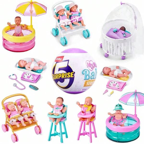 ZURU (Enkele verpakking) ZURU 5 Surprise Mini Babies Mystery Ball - Serie 2 - Pak 5 schattige babypoppenspeelgoed + zwembaden en kinderwagens uit - Enkele verpakking verrassingsei
