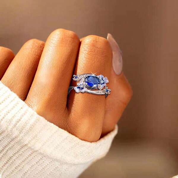 1 Peça Anel de Flor Geométrico Oval de Zircônia de Prata 925 Elegante, Fresco e Doce, Adequado para Mulheres, Férias, Festa, Presente