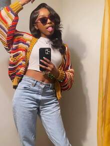 Áo khoác cardigan dệt kim dài tay cổ chữ V cài nút kẻ sọc nhiều màu sắc của For Love & Bella dành cho nữ, thích hợp cho kỳ nghỉ và mùa thu/đông. - Màu vàng - Xem 4