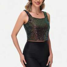 Women's Sequin Square Neck Tank Top With Sleeveless Design And Cropped Fit - Multicolored - Multicolor - View 3