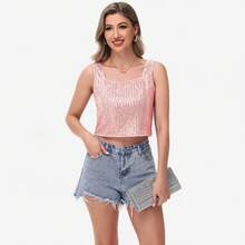 Women's Sequin Square Neck Tank Top With Sleeveless Design And Cropped Fit - Multicolored - Pink - View 4