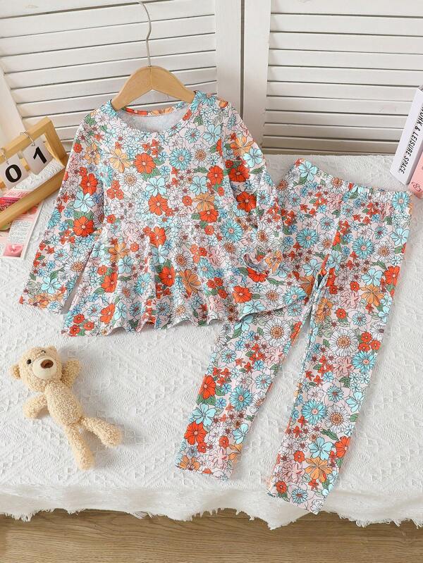 2pcs/Set Girls Floral All-Over Print Crew Neck Long Sleeve Top And Pants Set, Autumn 2024