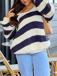 Women Oversized Striped Sweater Color Block Knit Long Sleeve Drop Shoulder Loose Pullover Tops Y2K Preppy Fall Winter Jumper - Navy Blue - View 2