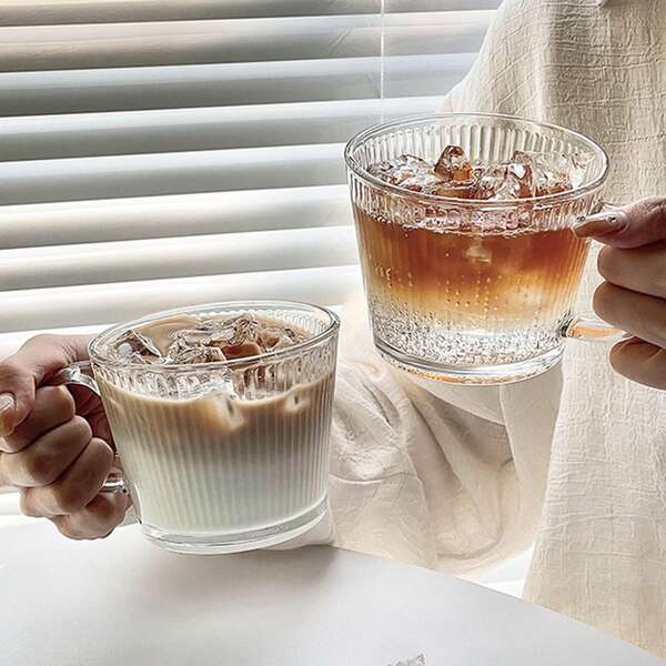 1pc High-Quality Vertical Stripe Handle Glass Cup, Transparent Drinking Glass For Water, Milk, Coffee, Home & Office Use