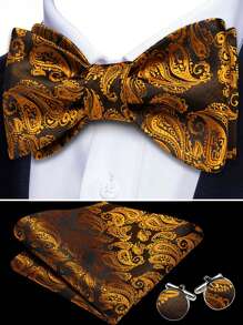 1 Pc Groomsmen 3‑Piece Set (Bow Tie + Pocket Square + Cufflinks) – Vintage Paisley Wedding Accessories Kit, Wrinkle-Free Gold Textured Bowtie Gift For Groom, Formal Party, Holiday, Best Man Outfit