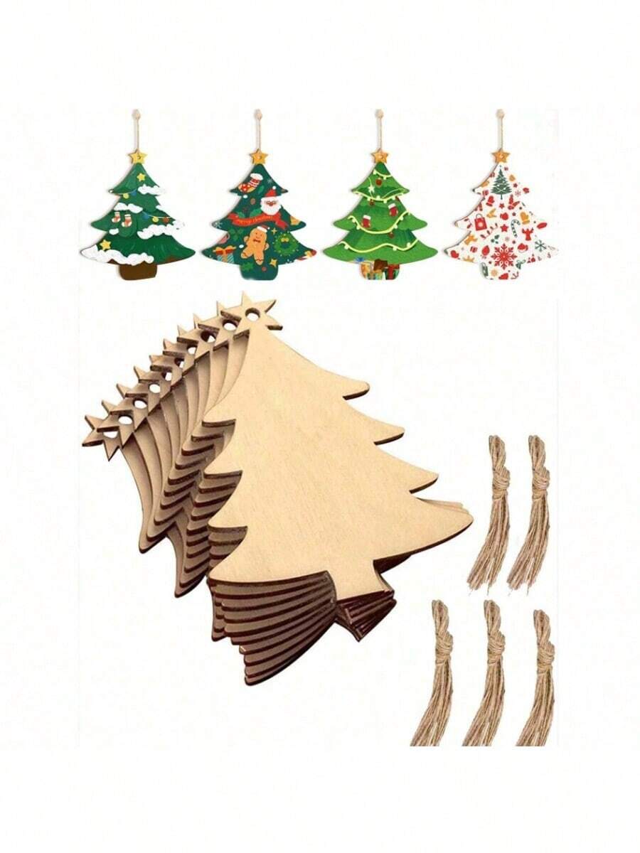10 Peças Enfeites Penduráveis para Árvore de Natal, Artesanato de Madeira DIY, Pintura e Desenho DIY (Com Corda), Decorações de Natal, Suprimentos de Decoração DIY para Árvore de Natal