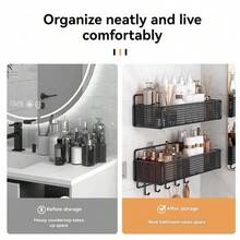 1pc Simple Black Hollow Wall Mounted Storage Shelf, Modern Iron Bathroom Storage Rack For Household